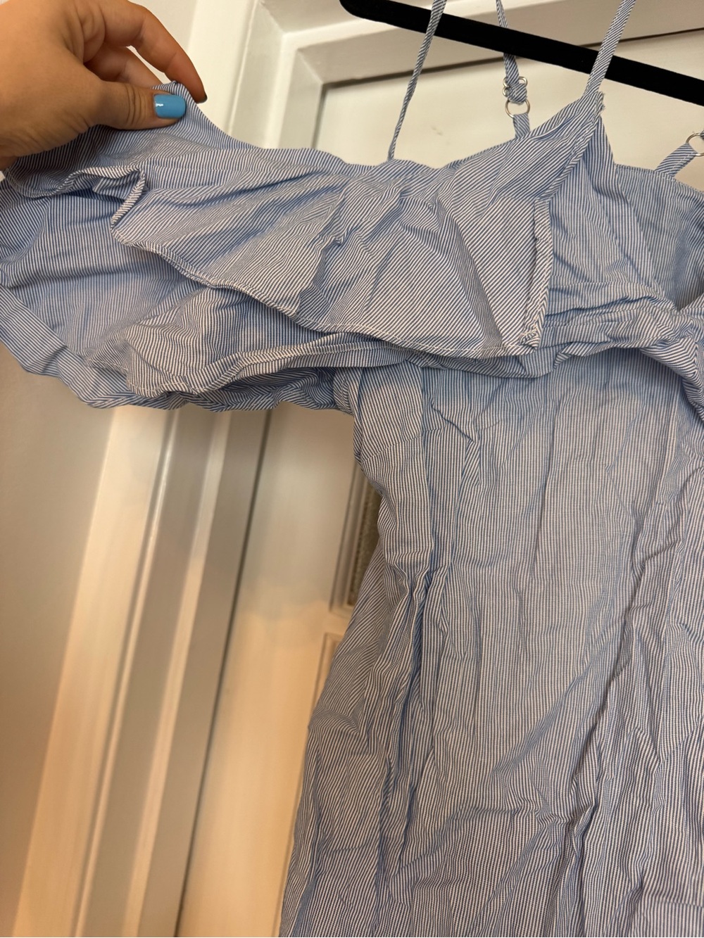 Light Blue Strappy Ruffle Cold-Shoulder Blouse - Picture 3 of 11